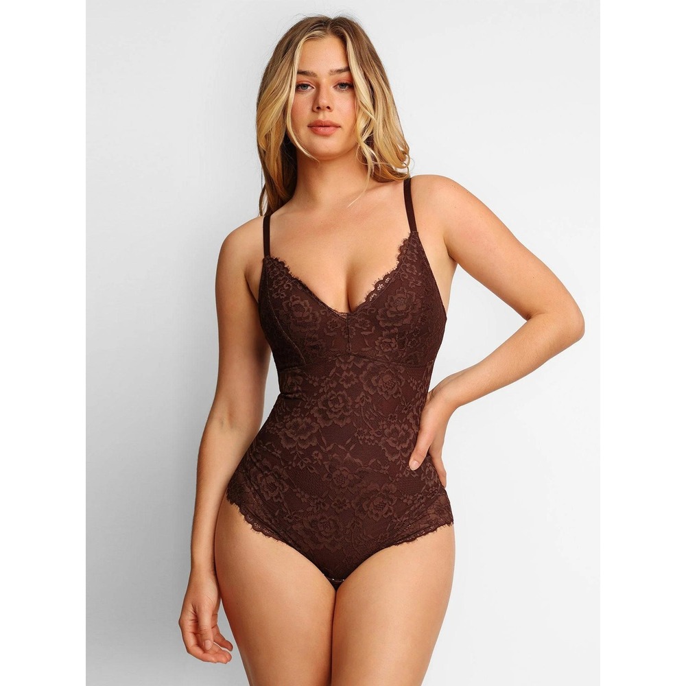 Popilush Lace Smooth Firm Control Thong Bodysuit Sz M Brown Shapewear Mesh NWOT